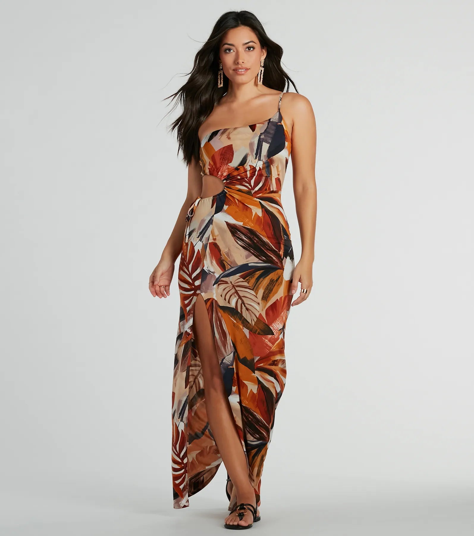 Dresses with Sheer Panels and Beaded Trim and Embroidered Paisley Patterns and Ruffled Hem for Ladies' Sultry and Exotic LookPretty In Paradise One-Shoulder Tropical Maxi Dress