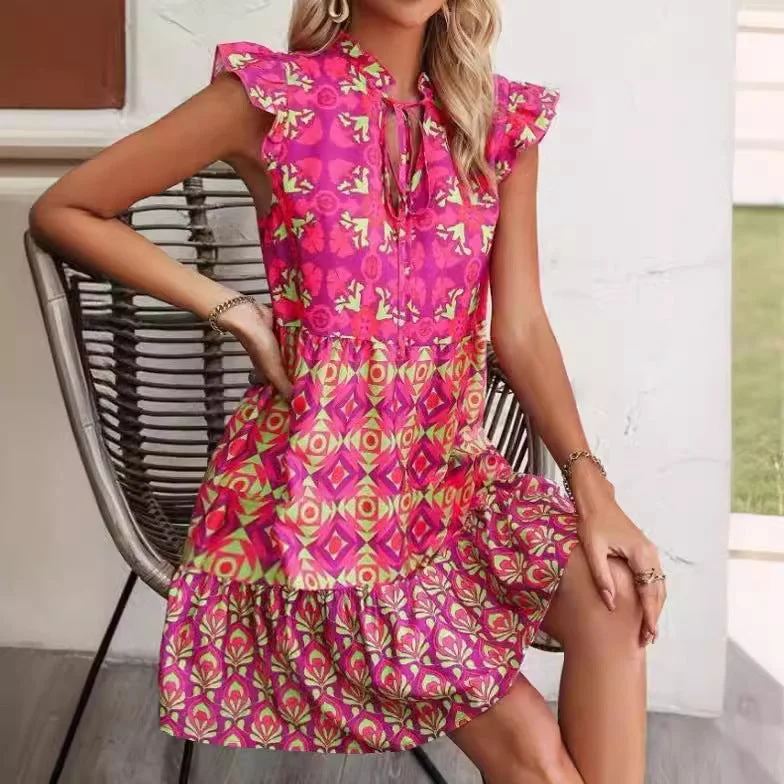 Empire Waist Polyester Dresses for Ladies with Satin RibbonPrinted Sleeveless Dress Summer Fashion V-Neck Lace-up Straight Dresses For Womens Clothing Empire Waist Polyester Dresses for Ladies with Satin RibbonPrinted Sleeveless Dress Summer Fashion V-Neck Lace-up Straight Dresses For Womens Clothing