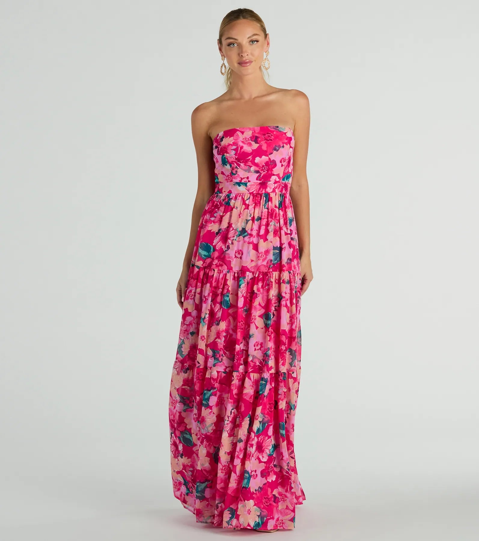 Dresses with Beaded Waistbands and Tiered Skirts for Ladies' Glamorous and Feminine LookRadiate Romantic Vibes Strapless Floral Chiffon Maxi Dress