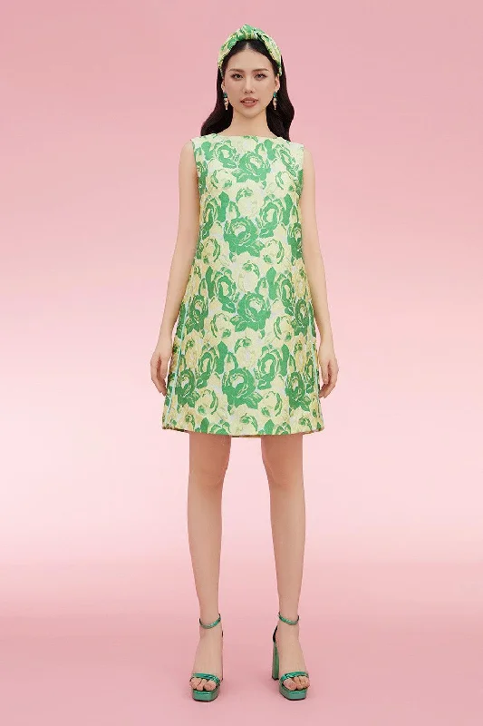 Dresses with Ruffled Hem and Bow at the Waist for Ladies' Sweet and Feminine LookRaymond Trapezoid Sleeveless Brocade Above The Knee Dress