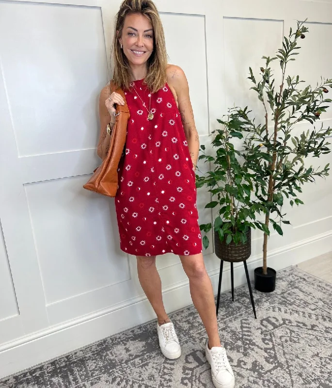 Dresses with Sequined Dots for Ladies' Playful and Sultry LookRed Linen Blend Mini Dress Dresses with Sequined Dots for Ladies' Playful and Sultry LookRed Linen Blend Mini Dress