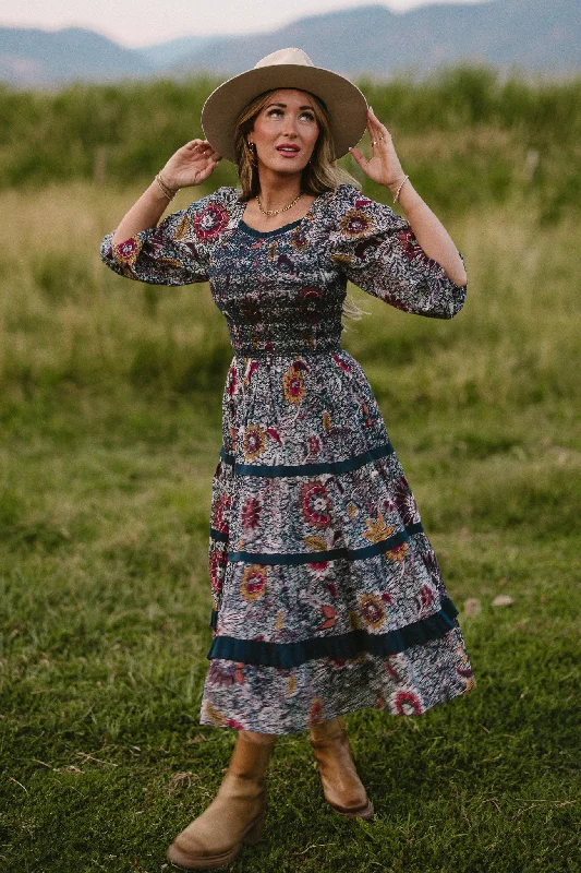 Dresses with Ruffled Sleeves and High Neck for Ladies' Dramatic and Elegant LookRoselyn Dress in Navy Floral Dresses with Ruffled Sleeves and High Neck for Ladies' Dramatic and Elegant LookRoselyn Dress in Navy Floral