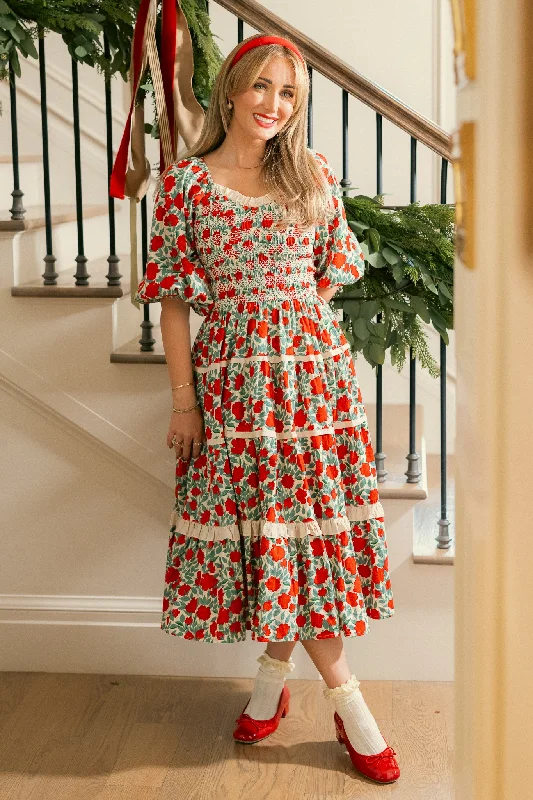 Empire Waist Polyester Dresses for Ladies with Satin RibbonRoselyn Dress in Red Floral Empire Waist Polyester Dresses for Ladies with Satin RibbonRoselyn Dress in Red Floral