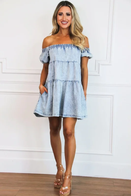 Dresses with Ruffled Hem and Bow at the Waist for Ladies' Sweet and Feminine LookRoxy Off Shoulder Denim Dress: Blue