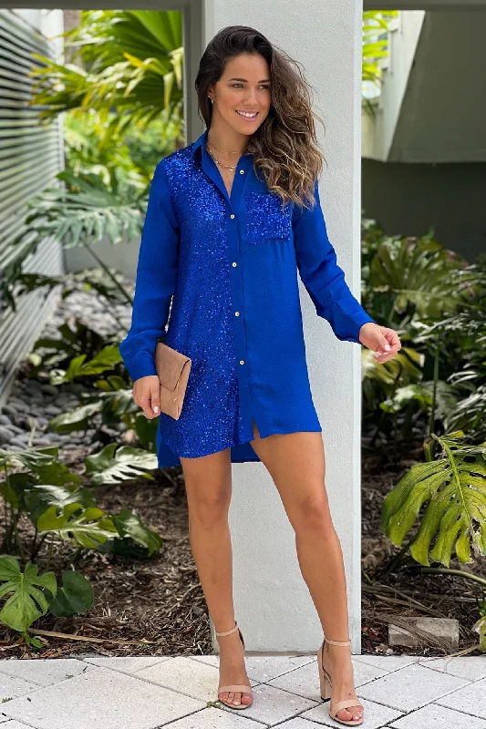 Dresses with Lace and Tulle Combo for Ladies' Dreamy LookRoyal Blue Shirt Dress With Sequin Details Dresses with Lace and Tulle Combo for Ladies' Dreamy LookRoyal Blue Shirt Dress With Sequin Details