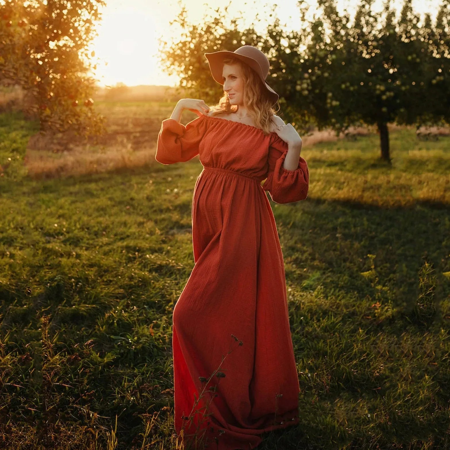 Sleeveless Georgette Dresses for Ladies with Printed PatternsAmy Fashion - Rust Slash Neck Bohemian Pregnancy Boho Dress