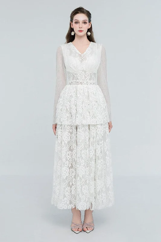 Dresses with Beaded Waistbands and Tiered Skirts for Ladies' Glamorous and Feminine LookSelene Peplum V-Neck Lace Maxi Dress Dresses with Beaded Waistbands and Tiered Skirts for Ladies' Glamorous and Feminine LookSelene Peplum V-Neck Lace Maxi Dress