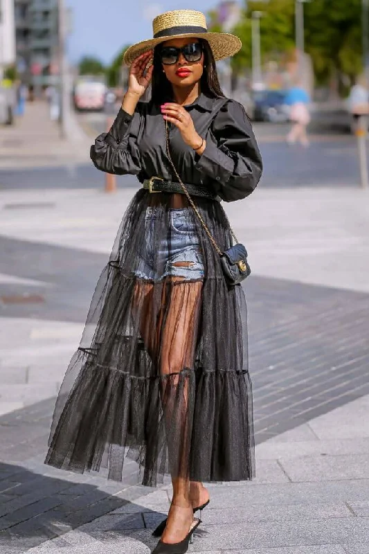 Dresses with Pleated Skirts and Lace Overlay for Ladies' Feminine and Timeless LookSETSOFRAN London Black Sheer Tulle Shirt Dress Dresses with Pleated Skirts and Lace Overlay for Ladies' Feminine and Timeless LookSETSOFRAN London Black Sheer Tulle Shirt Dress
