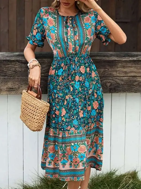 Lace Trimmed Cotton Dresses for Ladies' Feminine AppealBohemian Resort Print Button Tie Dress Lace Trimmed Cotton Dresses for Ladies' Feminine AppealBohemian Resort Print Button Tie Dress