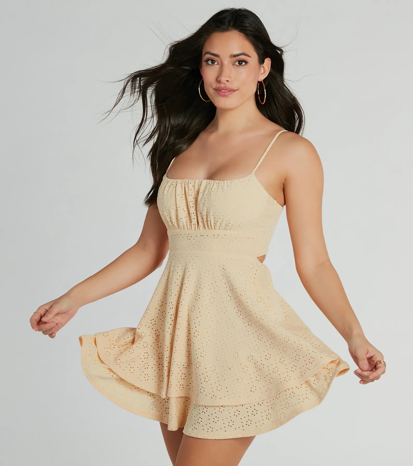 Dresses with Lace and Chiffon Blend for Ladies' Soft and Feminine LookSimply Sunny Scoop Neck Skater Eyelet Mini Dress