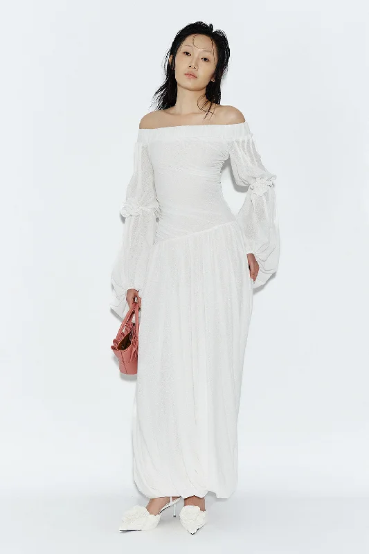 Dresses with Embroidered Floral Patterns and Tassel Hem for Ladies' Bohemian and Feminine LookSpikyRose Gathered Off-Shoulder Spandex Maxi Dress Dresses with Embroidered Floral Patterns and Tassel Hem for Ladies' Bohemian and Feminine LookSpikyRose Gathered Off-Shoulder Spandex Maxi Dress