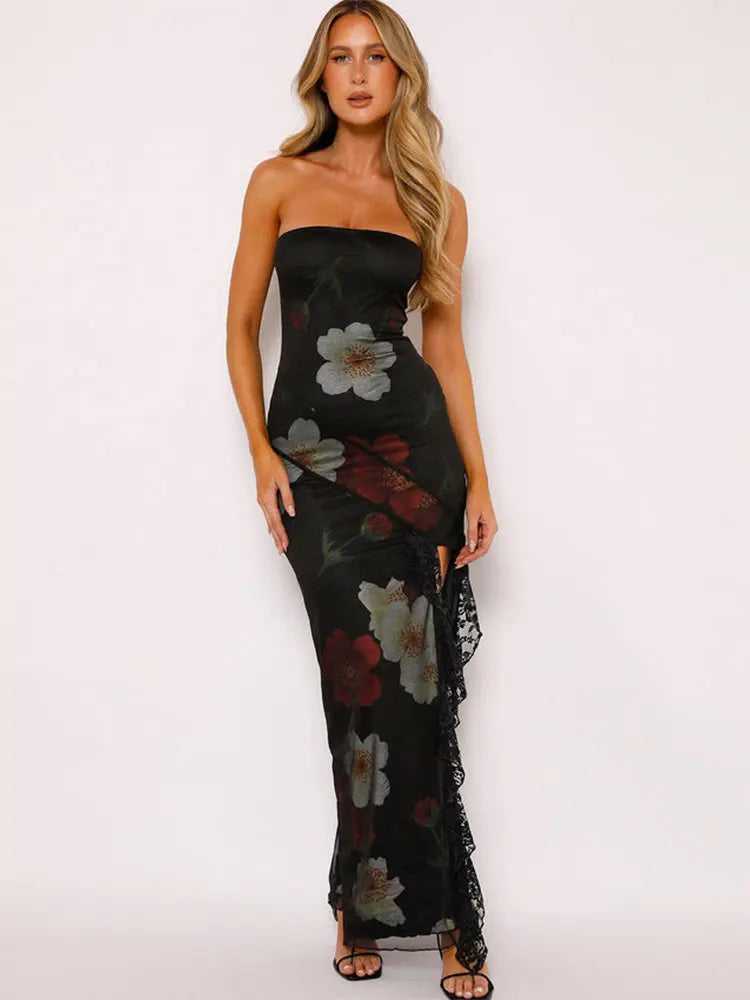 Dresses with Embroidered Party Animals for Ladies' Fun Themed OutfitAmy Fashion - Strapless Print Lace Vent Backless Split Boho Dress Dresses with Embroidered Party Animals for Ladies' Fun Themed OutfitAmy Fashion - Strapless Print Lace Vent Backless Split Boho Dress