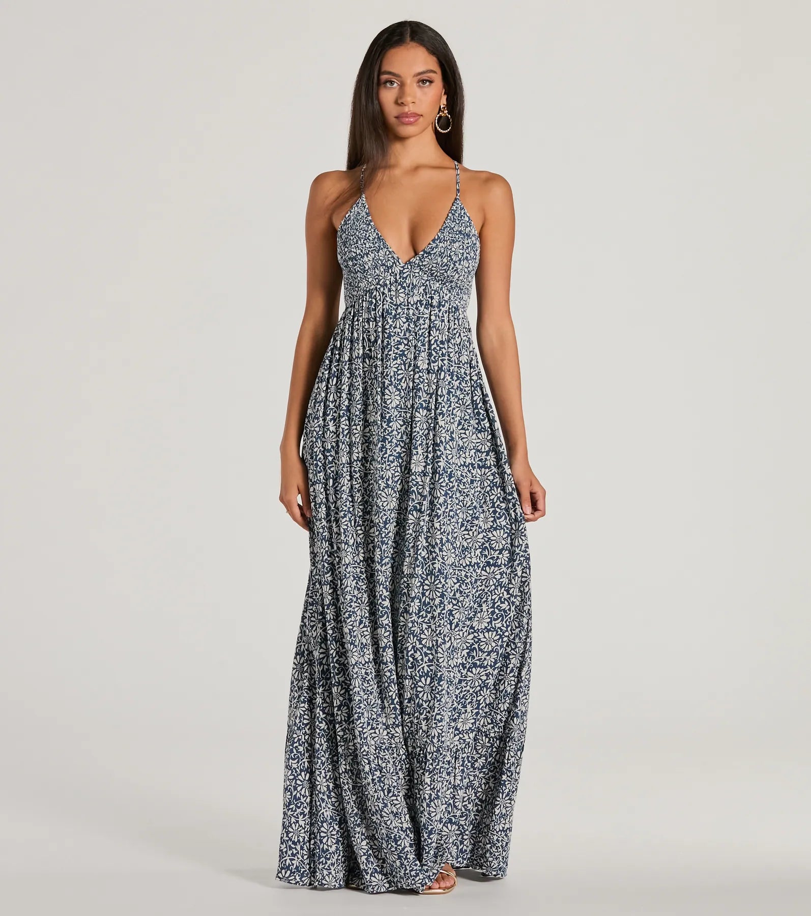 Dresses with Metallic Studs for Ladies' Edgy StyleStroll The Beach V-Neck Floral Paisley Maxi Dress