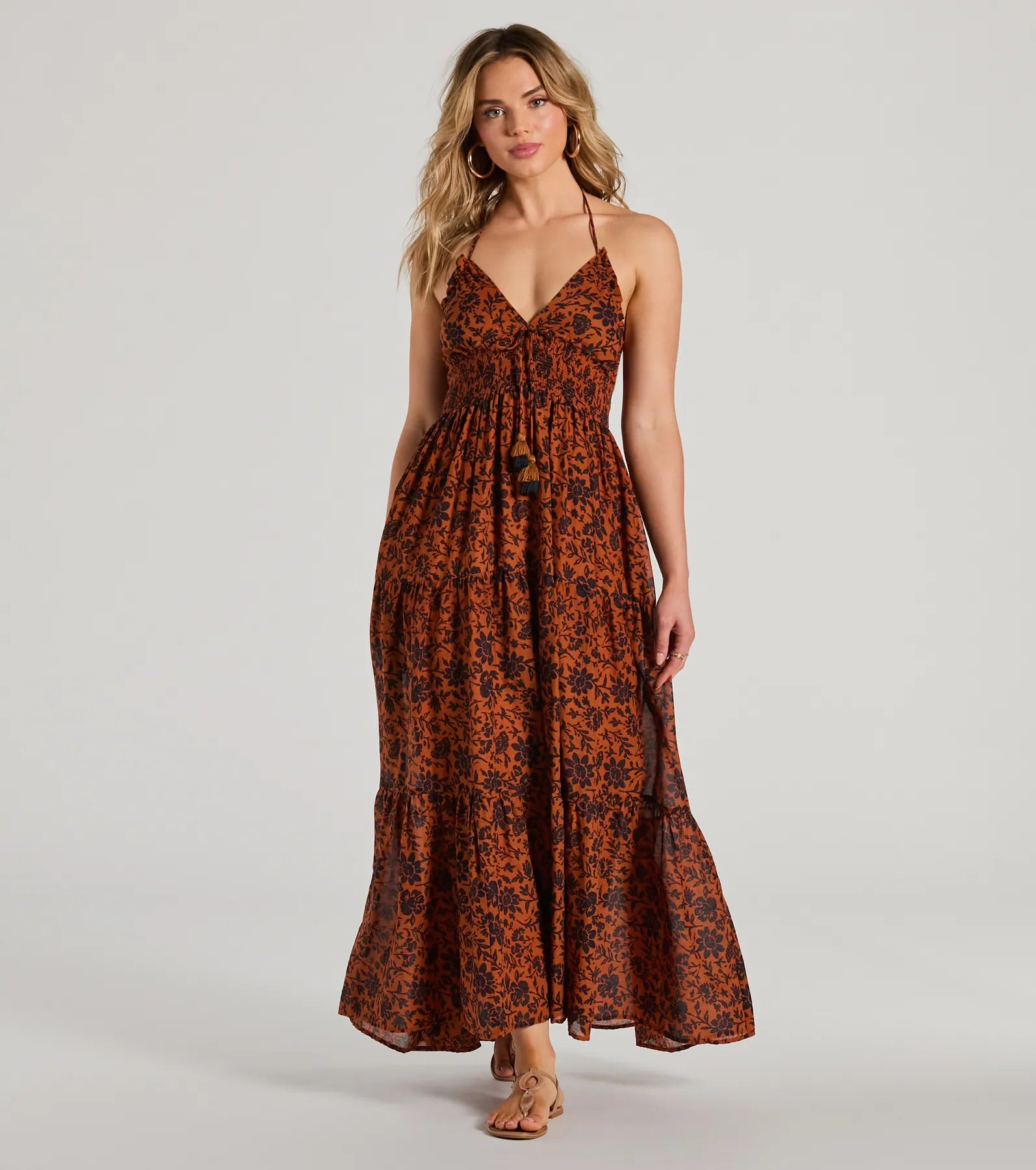 Dresses with Sequined Hearts and Ruffled Hem and Satin and Lace Combo for Ladies' Romantic and Feminine LookStunning One Halter V-Neck Ruffle Floral Maxi Dress