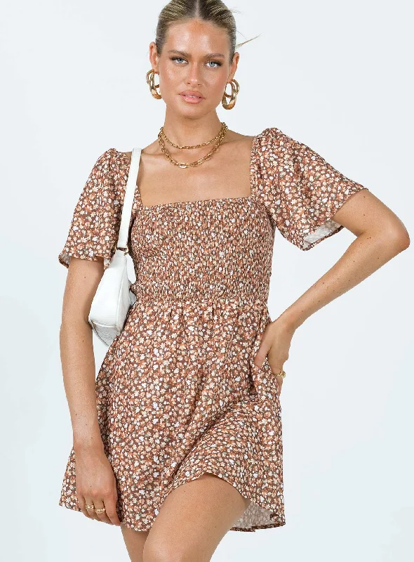 Dresses with Sequined Geometric Shapes and Lace and Chiffon Blend and Ruffled Sleeves for Ladies' Modern and Dramatic LookSummer Nights Mini Dress Brown Floral