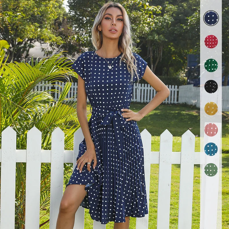 Satin Dresses with Embroidered Bodice for Ladies' Timeless LookSummer Women Polka Dot Short Sleeve Dress Casual Satin Dresses with Embroidered Bodice for Ladies' Timeless LookSummer Women Polka Dot Short Sleeve Dress Casual