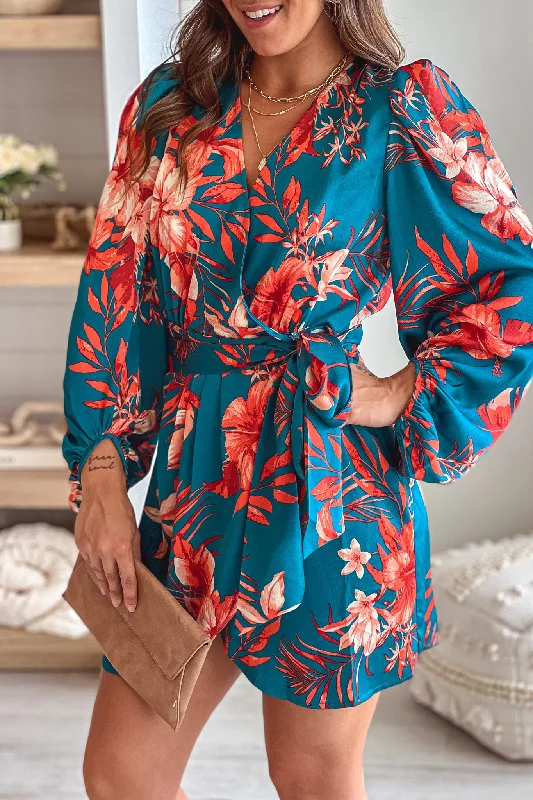 Plaid Dresses with Satin Trim for Ladies' Preppy StyleTeal Floral Satin Wrap Short Dress Plaid Dresses with Satin Trim for Ladies' Preppy StyleTeal Floral Satin Wrap Short Dress