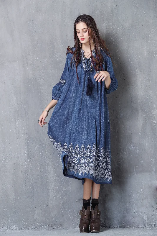 Gothic Style Dresses for Ladies with Black Lace Accents3/4 PUFF SLEEVE V-NECK EMBROIDERY DENIM LOOSE DRESS Gothic Style Dresses for Ladies with Black Lace Accents3/4 PUFF SLEEVE V-NECK EMBROIDERY DENIM LOOSE DRESS