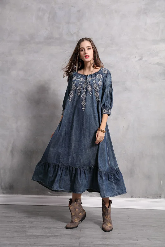 Dresses with Sequined Star Motifs for Ladies' Celestial and Elegant Look3/4 SLEEVE RUFFLE HEM DENIM MAXI DRESS Dresses with Sequined Star Motifs for Ladies' Celestial and Elegant Look3/4 SLEEVE RUFFLE HEM DENIM MAXI DRESS