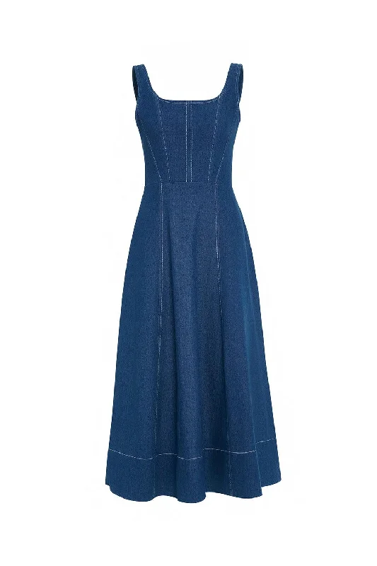 Dresses with Beaded Waistbands and Tiered Skirts for Ladies' Glamorous and Feminine LookTurin A-line Loose Strap Cotton Denim Calf Length Dress Dresses with Beaded Waistbands and Tiered Skirts for Ladies' Glamorous and Feminine LookTurin A-line Loose Strap Cotton Denim Calf Length Dress