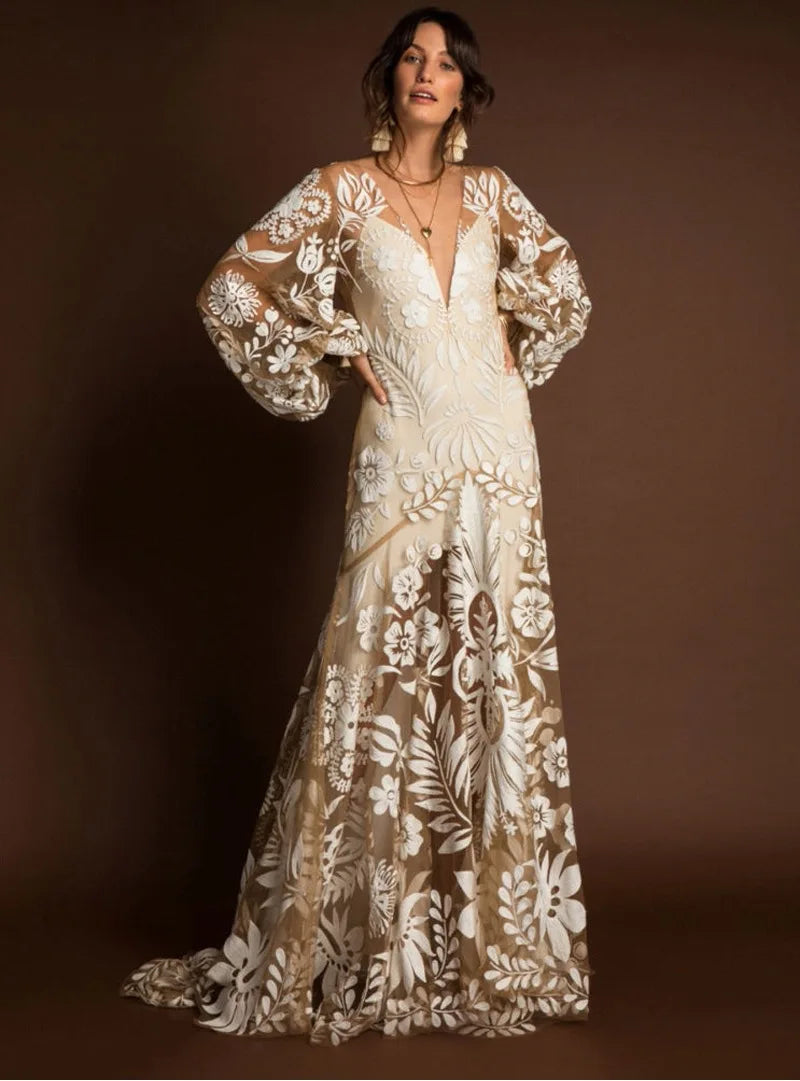 Taffeta Dresses with Pleated Bodice for Ladies' Structured LookAmy Fashion - V-Neck Sexy Summer Casual Long Sleeve Boho Dress