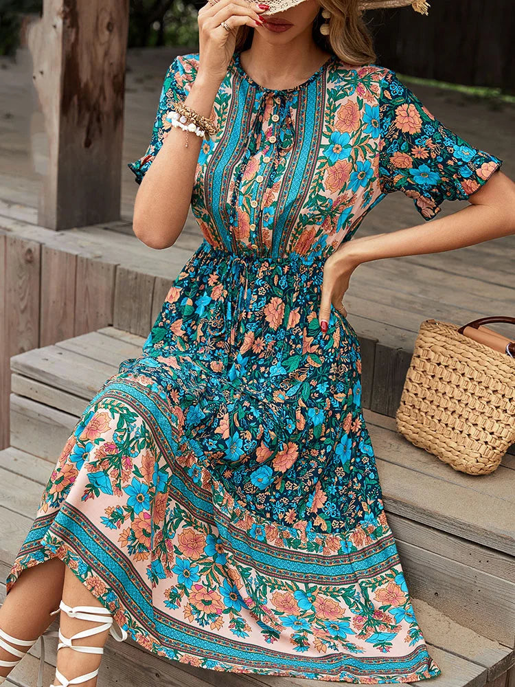 Empire Waist Polyester Dresses for Ladies with Satin RibbonAmy Fashion - Vintage Round Neck A-Line Boho Dress Empire Waist Polyester Dresses for Ladies with Satin RibbonAmy Fashion - Vintage Round Neck A-Line Boho Dress