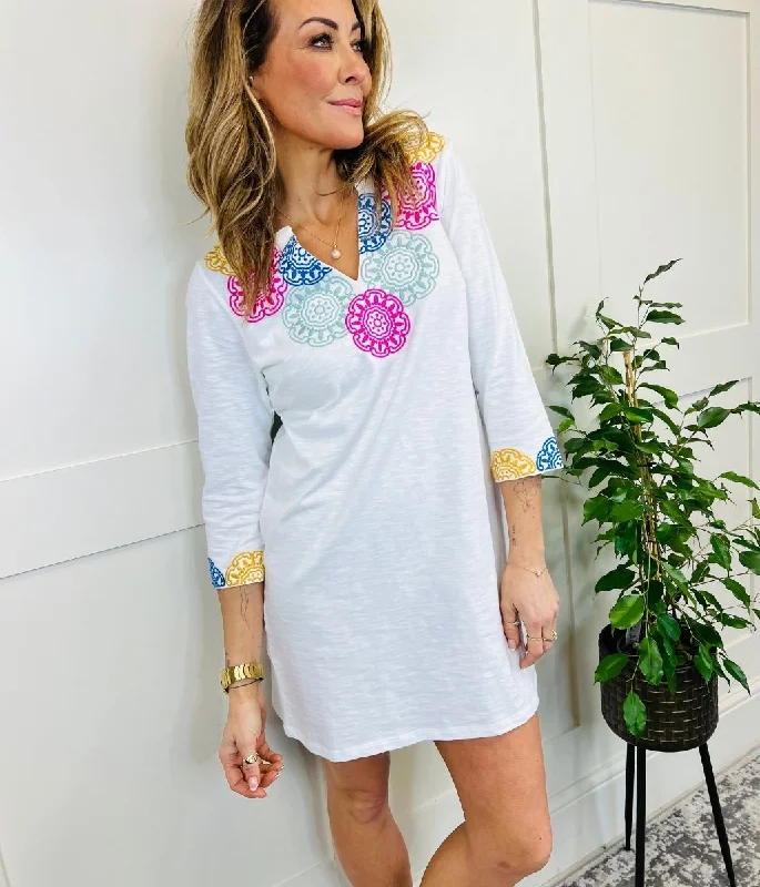 Velvet Dresses with Satin Trim for Ladies' Luxurious FeelWhite Embroidered Tunic Dress Velvet Dresses with Satin Trim for Ladies' Luxurious FeelWhite Embroidered Tunic Dress