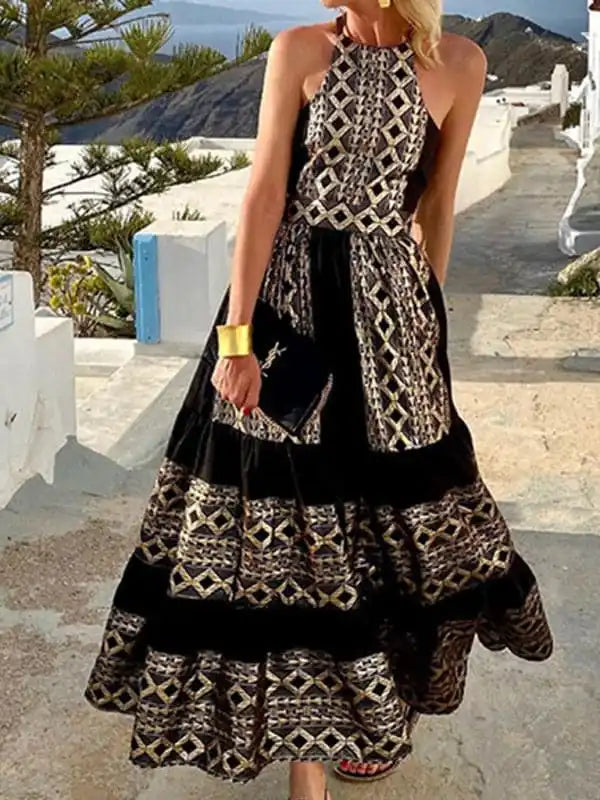 Dresses with Satin and Lace Trimmed Neckline and Ruffled Sleeves for Ladies' Sophisticated and Girly LookWomen’s Bohemian Ethnic Print Halter Neck Dress Dresses with Satin and Lace Trimmed Neckline and Ruffled Sleeves for Ladies' Sophisticated and Girly LookWomen’s Bohemian Ethnic Print Halter Neck Dress