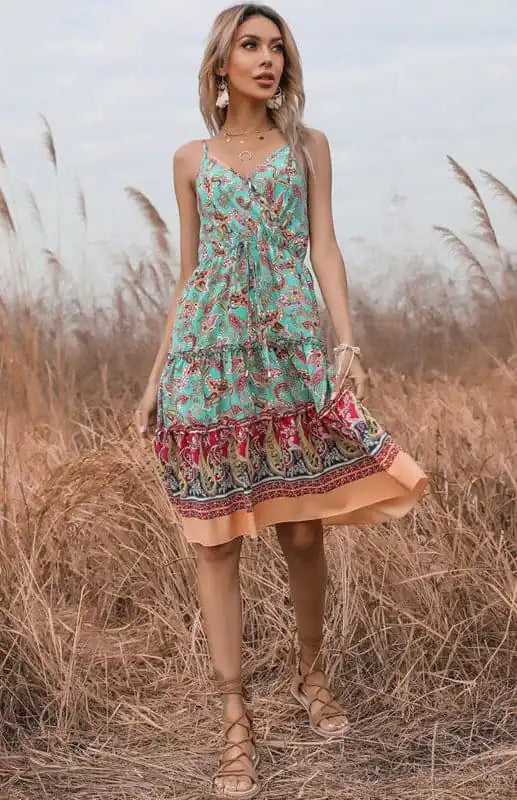 One Shoulder Dresses with Ruffled Sleeve for Ladies' Fashion StatementWomen’s Ethnic Print Boho V-Neck Slip Dress One Shoulder Dresses with Ruffled Sleeve for Ladies' Fashion StatementWomen’s Ethnic Print Boho V-Neck Slip Dress