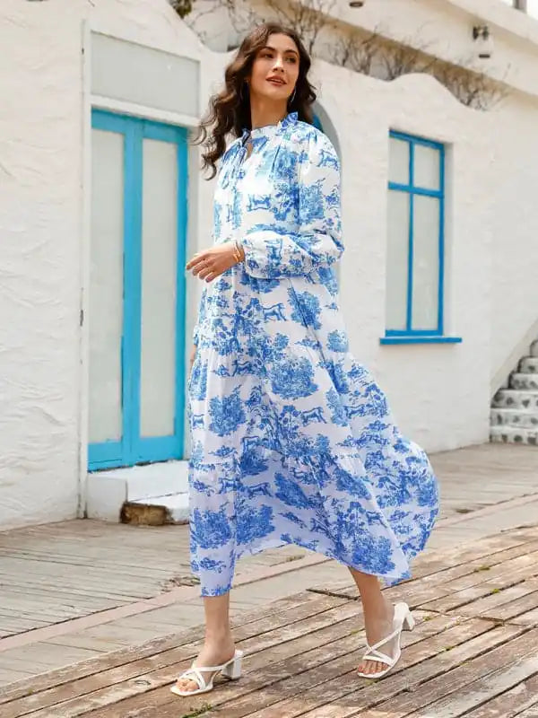 Dresses with High Low Sheer Skirt for Ladies' Dramatic and Fashionable LookWomen’s Fashion Print Ruffle Neck Long Sleeve Resort Dress Dresses with High Low Sheer Skirt for Ladies' Dramatic and Fashionable LookWomen’s Fashion Print Ruffle Neck Long Sleeve Resort Dress