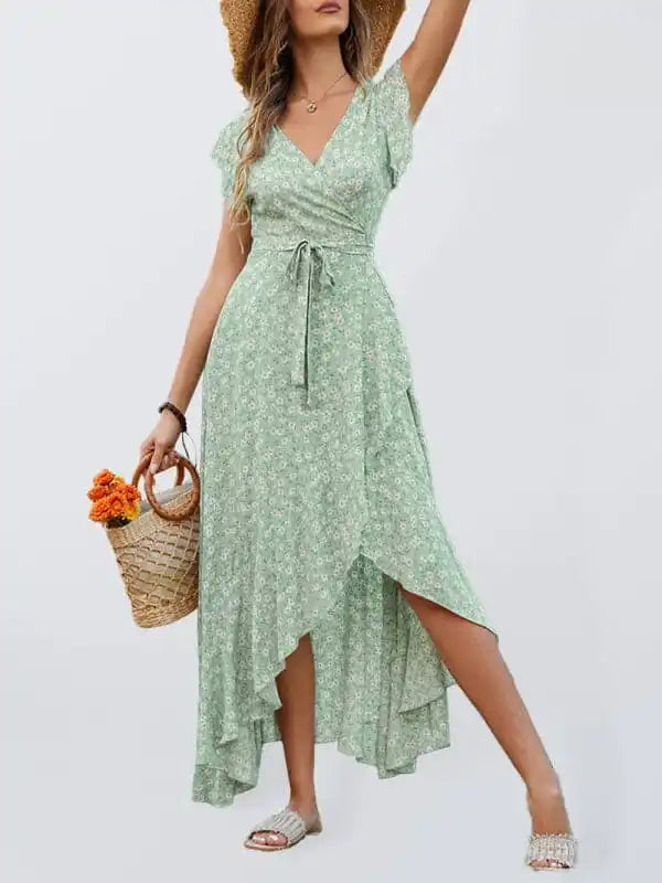 Off Shoulder Chiffon Dresses for Ladies' Summer OutingsWomen’s Floral Print Flutter Sleeve Wrap Maxi Dress Off Shoulder Chiffon Dresses for Ladies' Summer OutingsWomen’s Floral Print Flutter Sleeve Wrap Maxi Dress