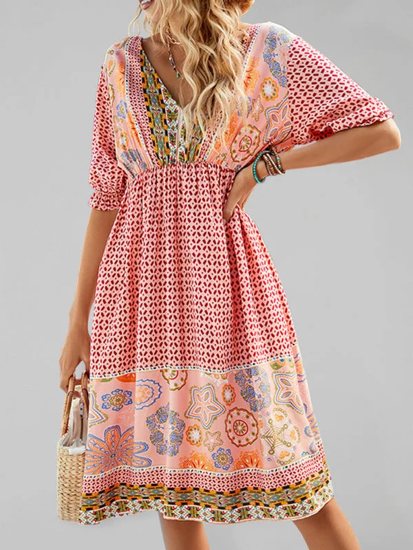 Taffeta Dresses with Pleated Bodice for Ladies' Structured LookWomen's Woven V-Neck Short Sleeve Bohemian Resort Dress Taffeta Dresses with Pleated Bodice for Ladies' Structured LookWomen's Woven V-Neck Short Sleeve Bohemian Resort Dress