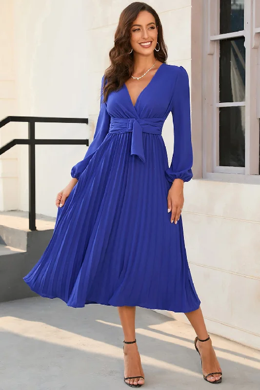 "Designer - inspired women's evening dresses"A Line V Neck Royal Blue Wedding Guest Party Dress with Belt