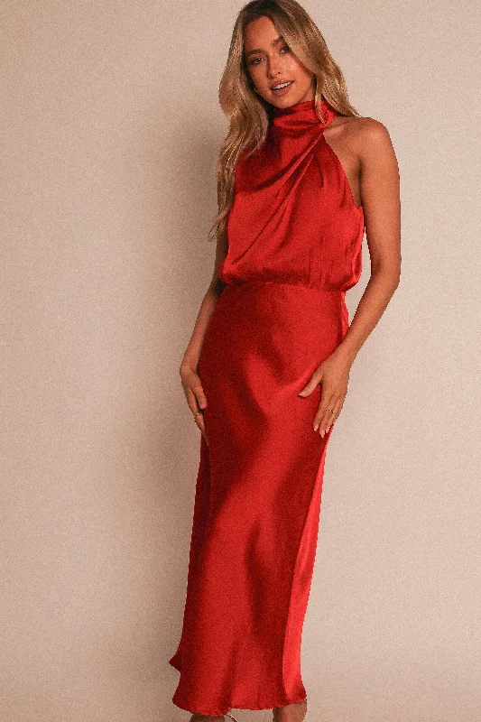 "Trendy casual dresses for women to wear at the beach"Anabelle Halter Neck Midi Dress - Red "Trendy casual dresses for women to wear at the beach"Anabelle Halter Neck Midi Dress - Red