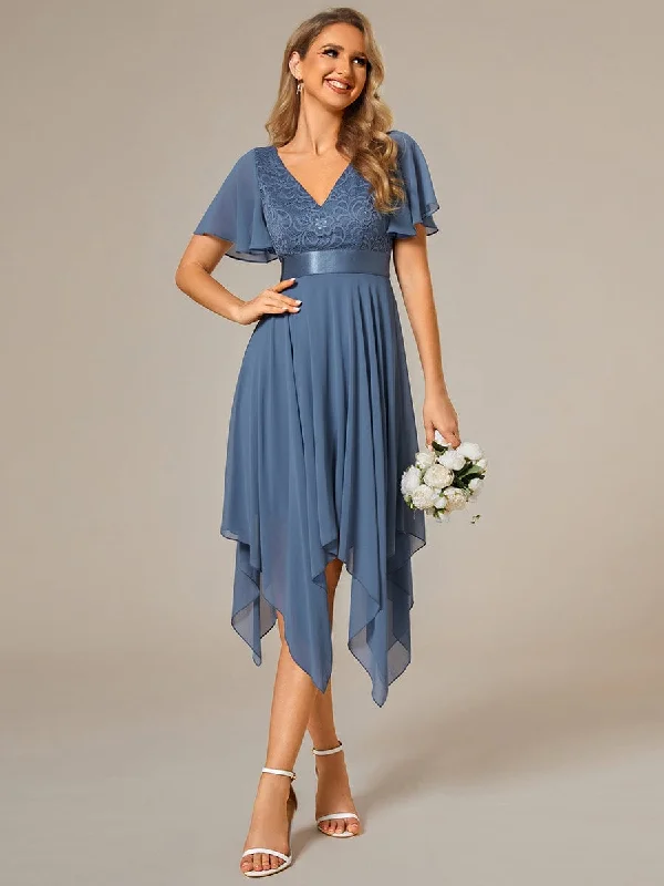 "A - line dresses for women to flatter the figure"Asymmetrical Hem Empire Waist Short Sleeves Knee-Length Bridesmaid Dress