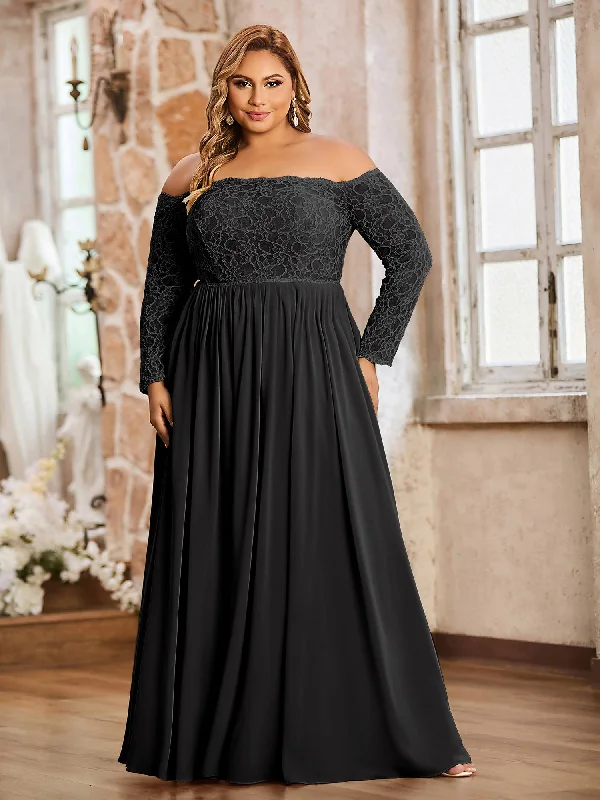 "Black dresses for women for a classic and timeless appearance"Lace and Chiffon Long Sleeves Dresses with Pockets-Black Plus Size "Black dresses for women for a classic and timeless appearance"Lace and Chiffon Long Sleeves Dresses with Pockets-Black Plus Size