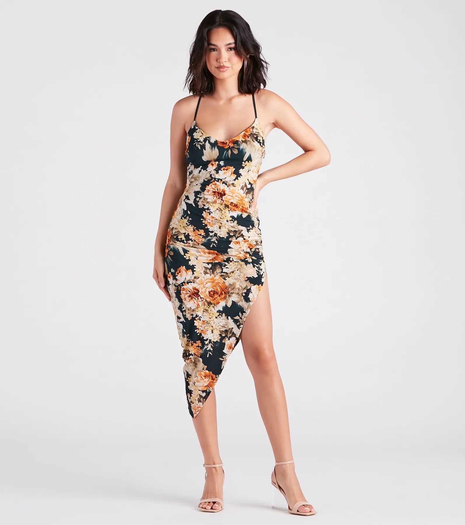 "Black tie dresses for women for formal galas"Beautiful Blooms Floral Asymmetric Midi Dress