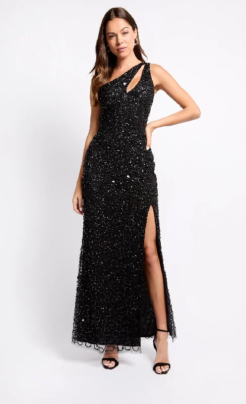 "Smart casual dresses for women for work - to - weekend transitions"Black Embellished One-Shoulder Maxi Dress "Smart casual dresses for women for work - to - weekend transitions"Black Embellished One-Shoulder Maxi Dress