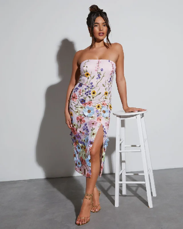 "Boho wedding dresses for women for a free - spirited vibe"Cassie Strapless Floral Embroidered Midi Dress "Boho wedding dresses for women for a free - spirited vibe"Cassie Strapless Floral Embroidered Midi Dress