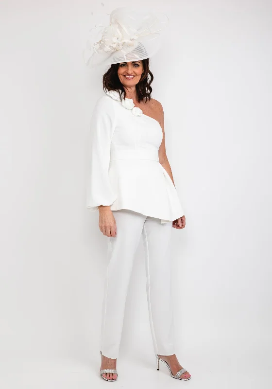 "Trendy casual dresses for women to wear at the beach"Casting One Shoulder Top & Trouser Outfit, White