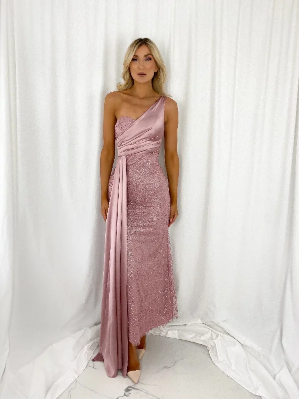 "White dresses for women for a fresh and clean look"Celeste One Shoulder Glitter Dress - Old Rose