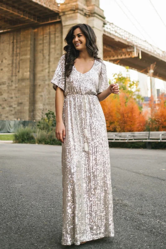 "Smart casual dresses for women for work - to - weekend transitions"Celia Silver Sequin Maxi Dress