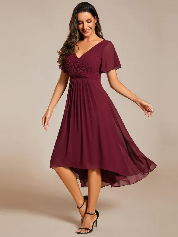 "Long sleeve dresses for women in cold weather"Chic V Neck Asymmetrical Hem Ruffles Sleeve Pleated Chiffon Wedding Guest Dress "Long sleeve dresses for women in cold weather"Chic V Neck Asymmetrical Hem Ruffles Sleeve Pleated Chiffon Wedding Guest Dress