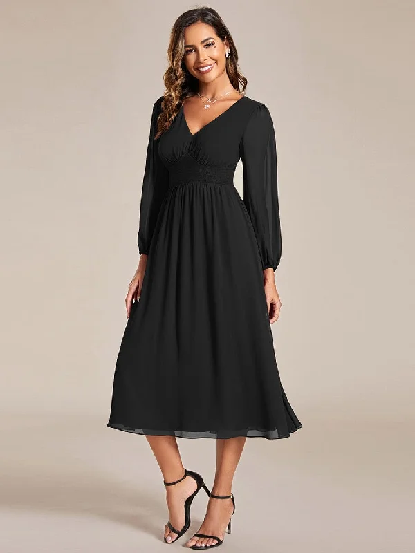 "Mother of the groom dresses for women in sophisticated designs"Chiffon V-Neck Long Sleeves Elastic Band Midi Wedding Guest Dress