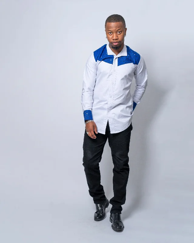 "Elegant wedding guest dresses for women under $100"Chris Mixed Print Men Shirt | White and Blue African Print "Elegant wedding guest dresses for women under $100"Chris Mixed Print Men Shirt | White and Blue African Print