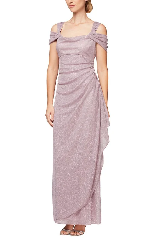 "Pleated dresses for women with a graceful movement"Cold Shoulder Glitter Mesh Dress with Draped Skirt & Cowl Neckline "Pleated dresses for women with a graceful movement"Cold Shoulder Glitter Mesh Dress with Draped Skirt & Cowl Neckline