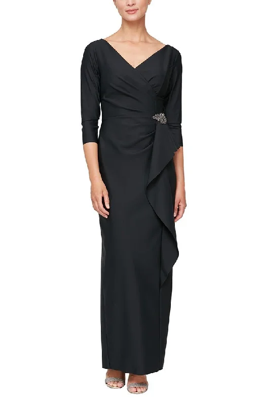 "Polka dot dresses for women with a retro vibe"Compression Dress with Surplice Neckline, Cascade Ruffle Skirt and Embellishment Detail at Hip "Polka dot dresses for women with a retro vibe"Compression Dress with Surplice Neckline, Cascade Ruffle Skirt and Embellishment Detail at Hip