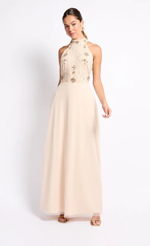"Satin dresses for women for a luxurious appearance"Cream Embellished High Neck Maxi Dress "Satin dresses for women for a luxurious appearance"Cream Embellished High Neck Maxi Dress