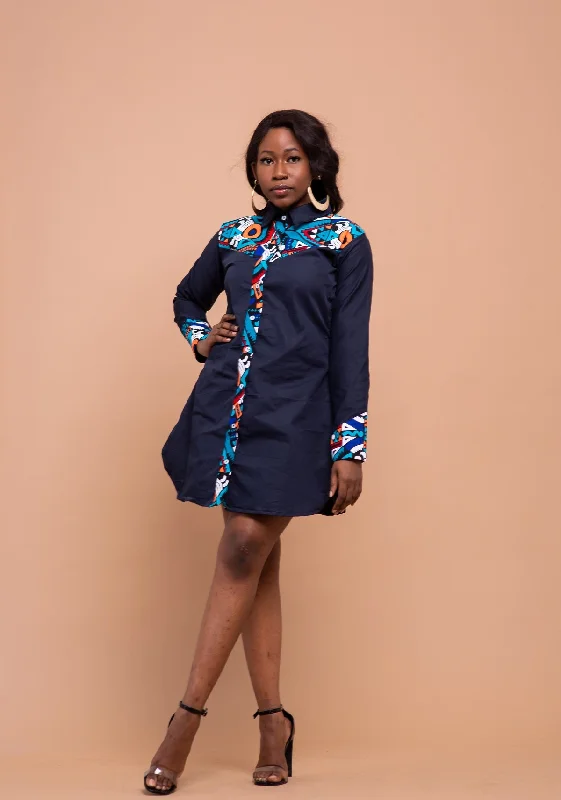 "Plus size formal dresses for women for special events"Dakota Button Down Shirt Dress | Navy Blue and  Ankara African Print