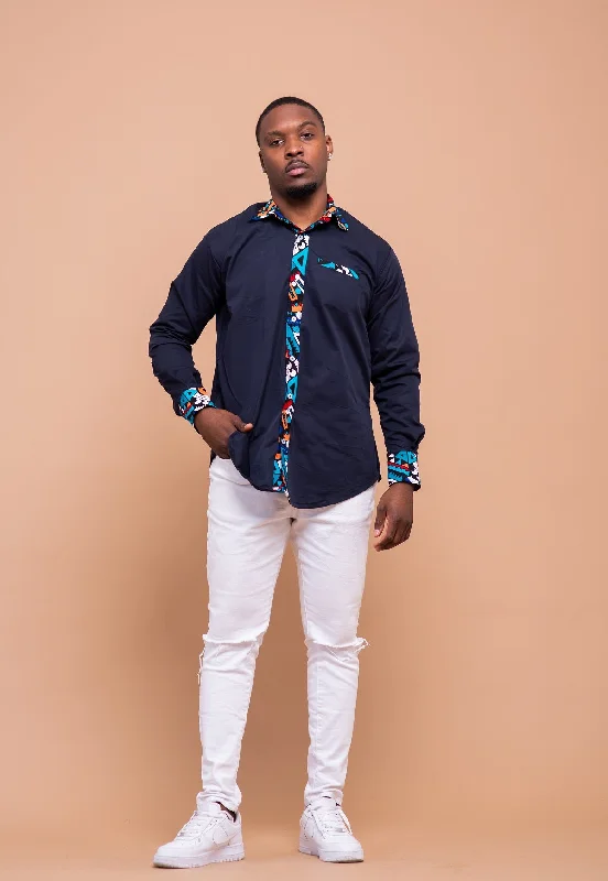 "Bundle and Save: Buy Multiple Women's Dresses and Get a Discount"Dakota Ankara Men Shirt | Navy Blue and African Mixed Print